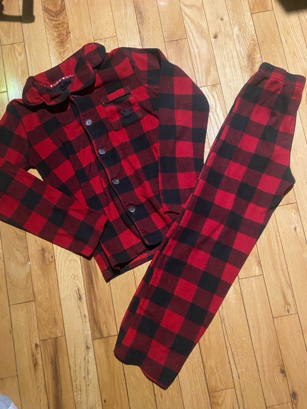 Kids Red and Black Plaid Fleece Button-Up Pajama Set